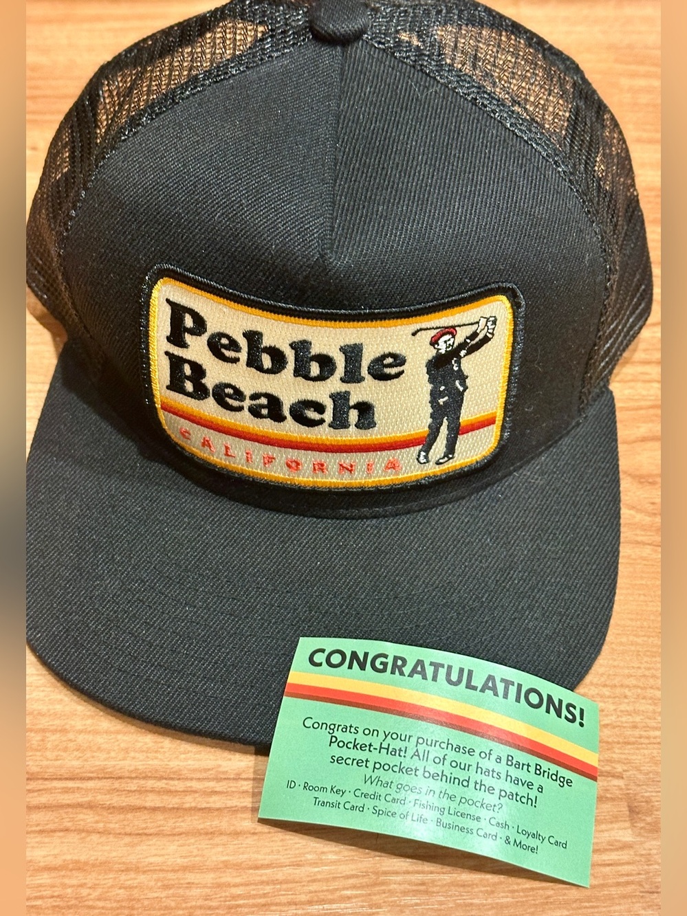 Pebble Beach California Trucker Pocket Bart Bridge Hat Black Snapback Cap NEW